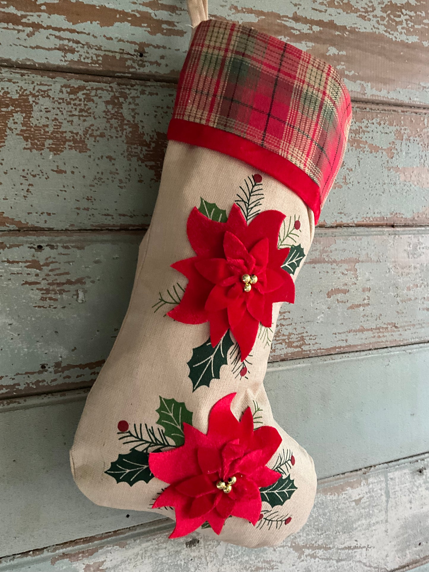 Poinsettia Linen Stocking