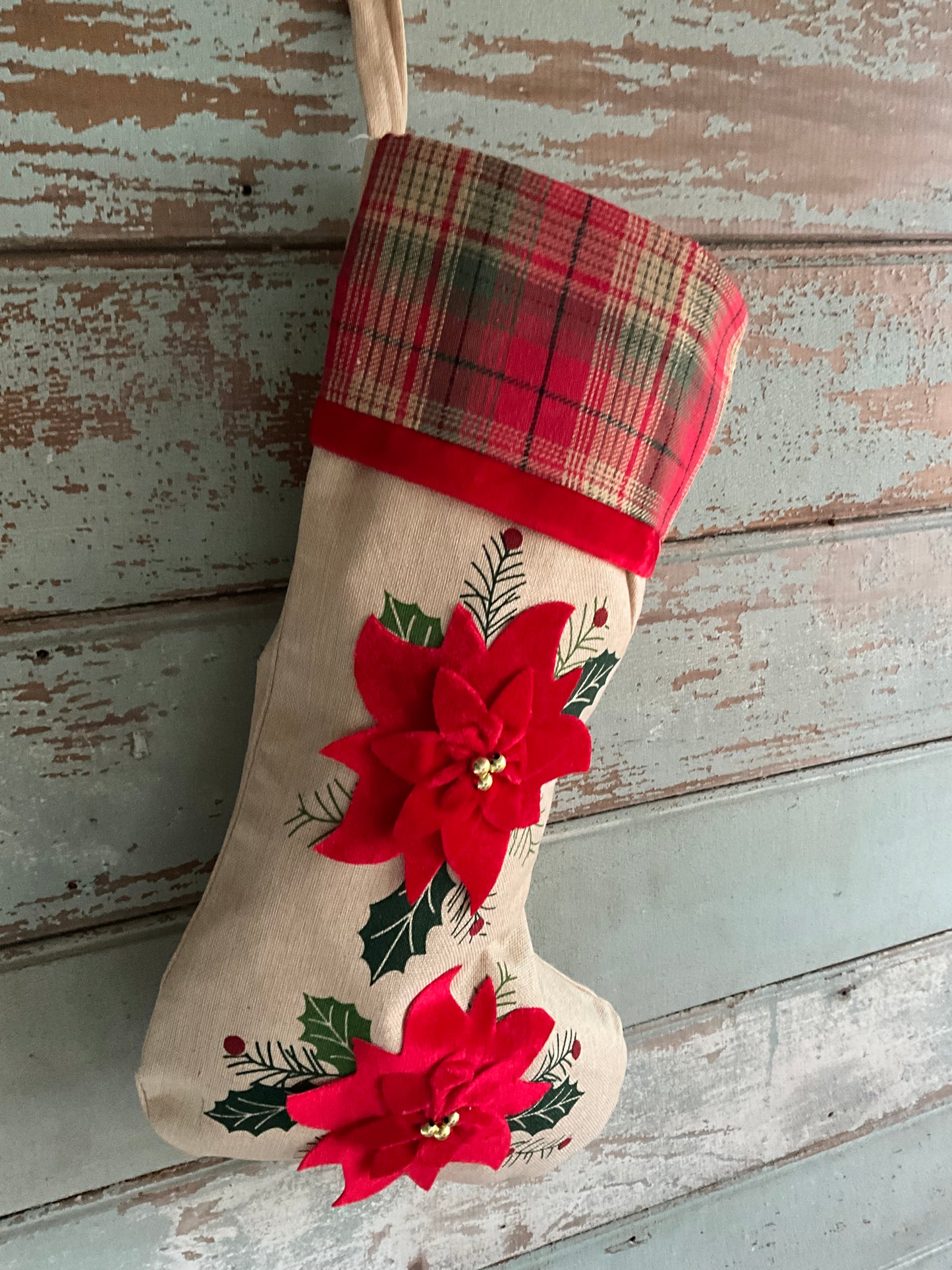 Poinsettia Linen Stocking
