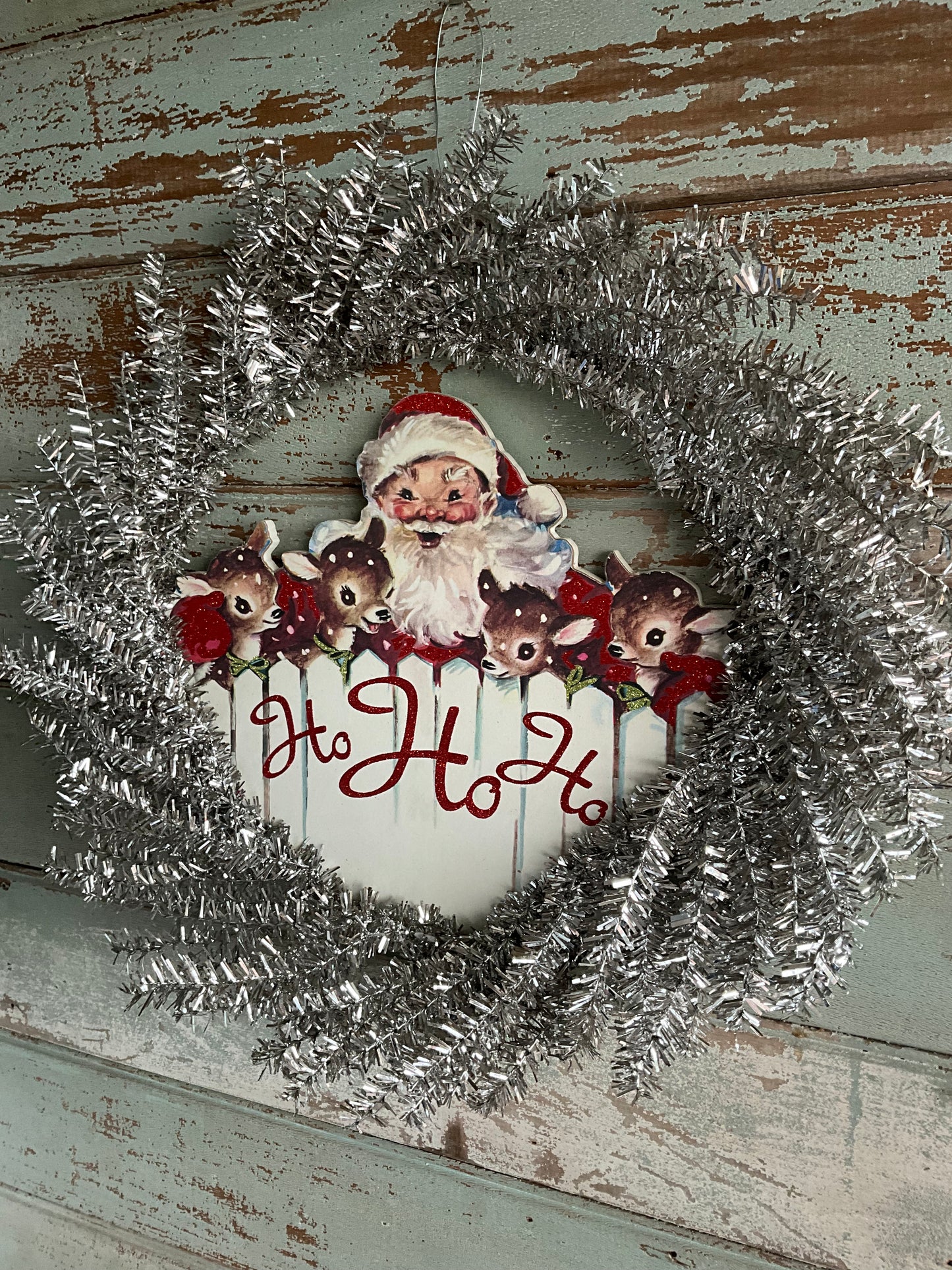 Silver Tinsel Santa Wreath