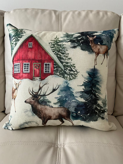 Reindeer Red Barn Cushion