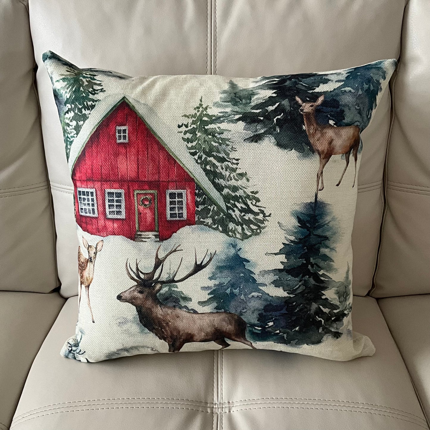 Reindeer Red Barn Cushion