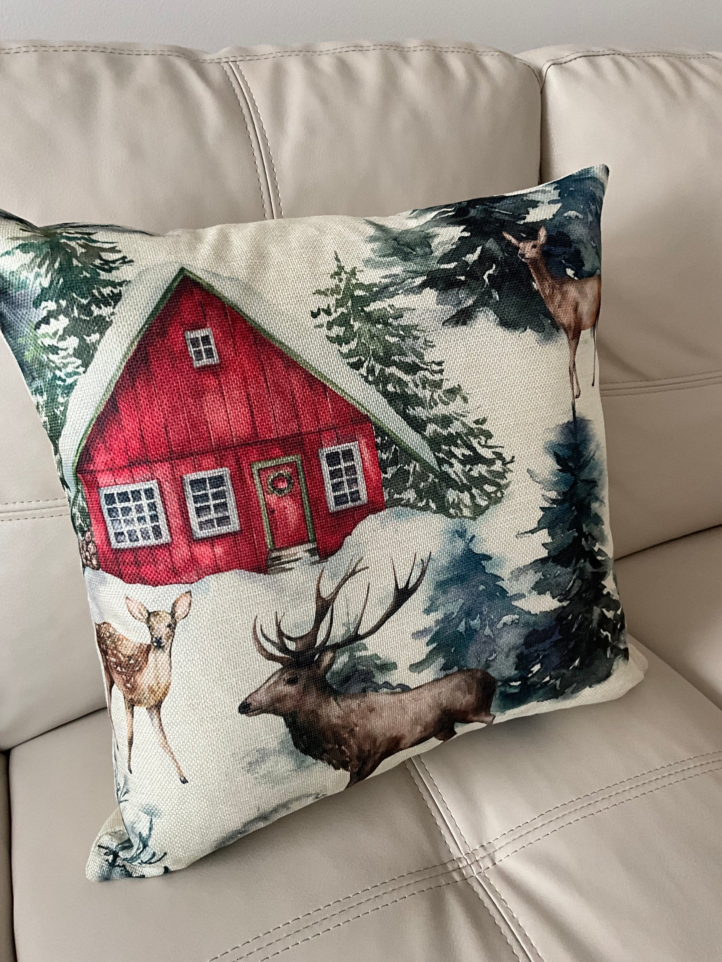 Reindeer Red Barn Cushion