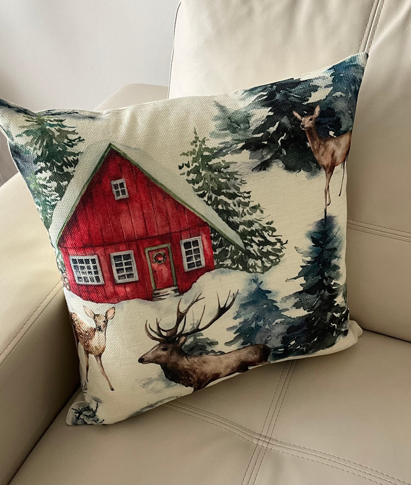 Reindeer Red Barn Cushion