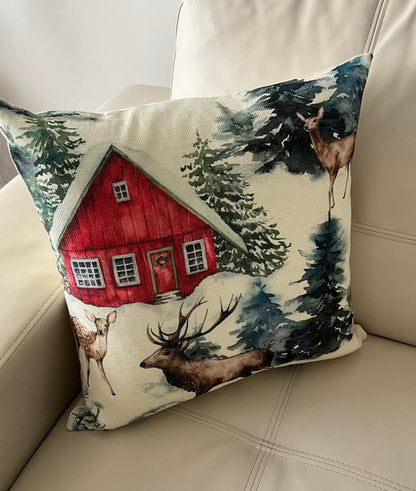 Reindeer Red Barn Cushion