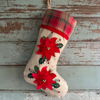 Poinsettia Linen Stocking