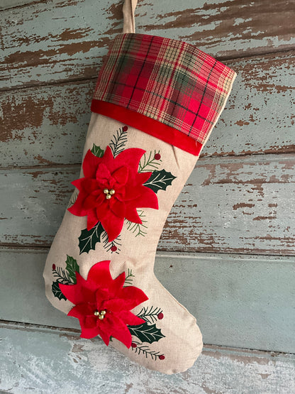 Poinsettia Linen Stocking