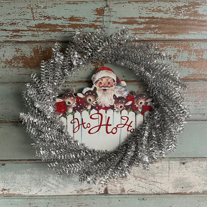 Silver Tinsel Santa Wreath