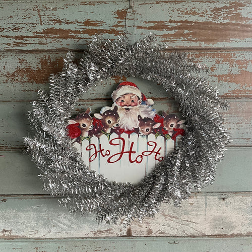 Silver Tinsel Santa Wreath