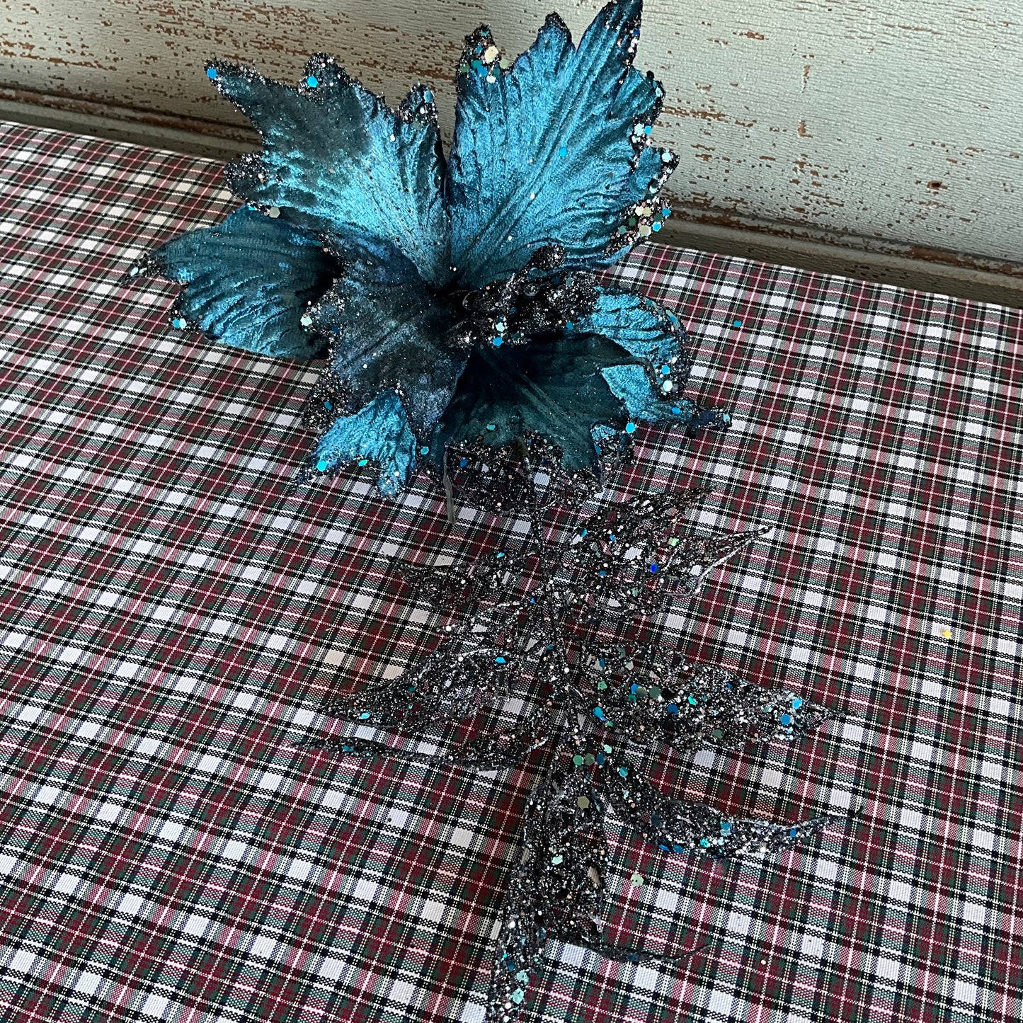 Teal Blue Poinsettia & Leaf