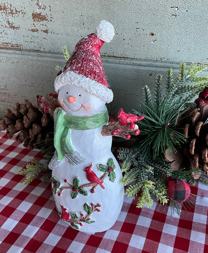 Snowman with Cardinal Birds