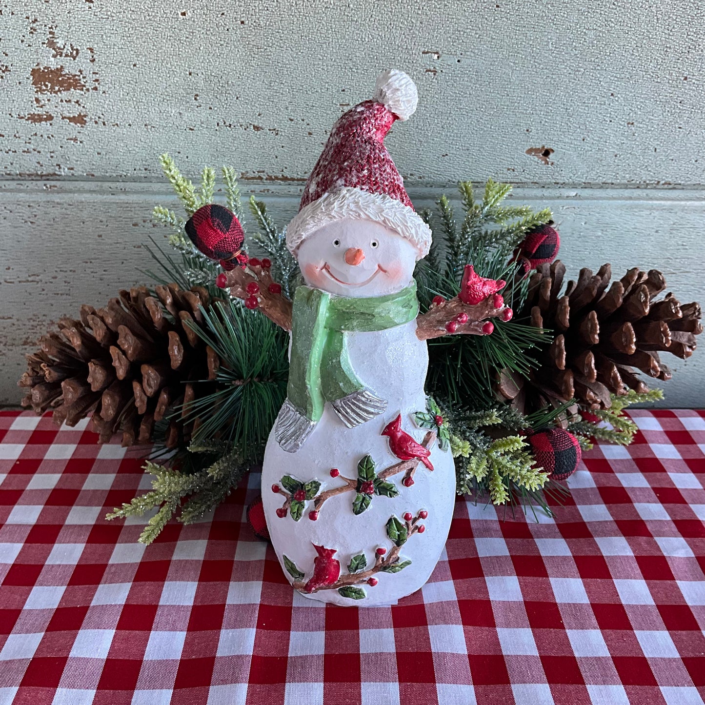 Snowman with Cardinal Birds