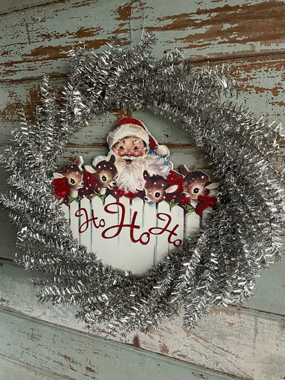 Silver Tinsel Santa Wreath