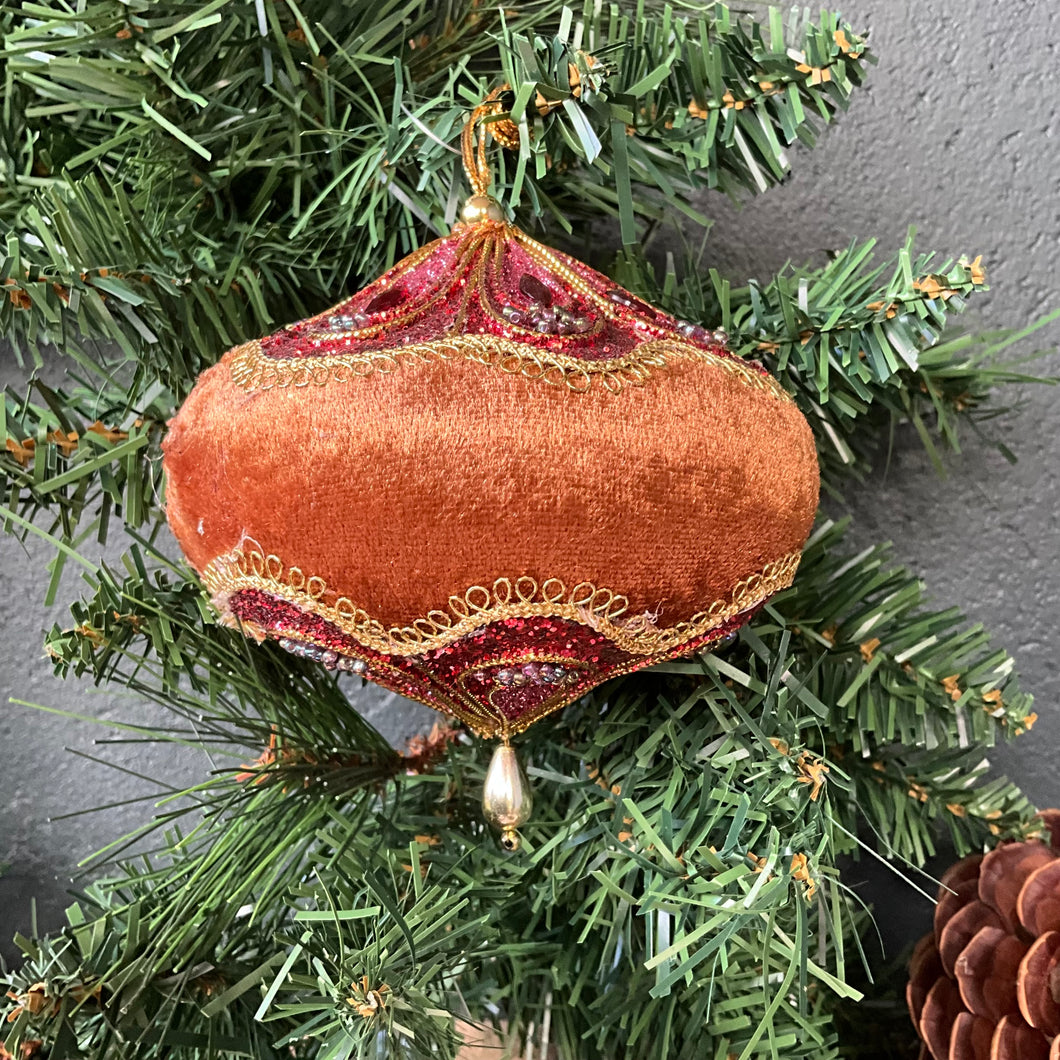 Christmas decoration in orange velvet with beading