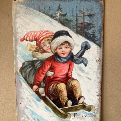 Children Sledding Tin  Sign