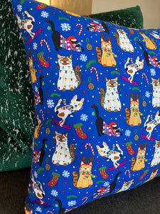 Christmas Cat Pillow in Blue