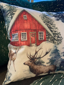 Reindeer Red Barn Pillow