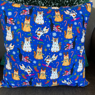 Christmas Cat Pillow in Blue