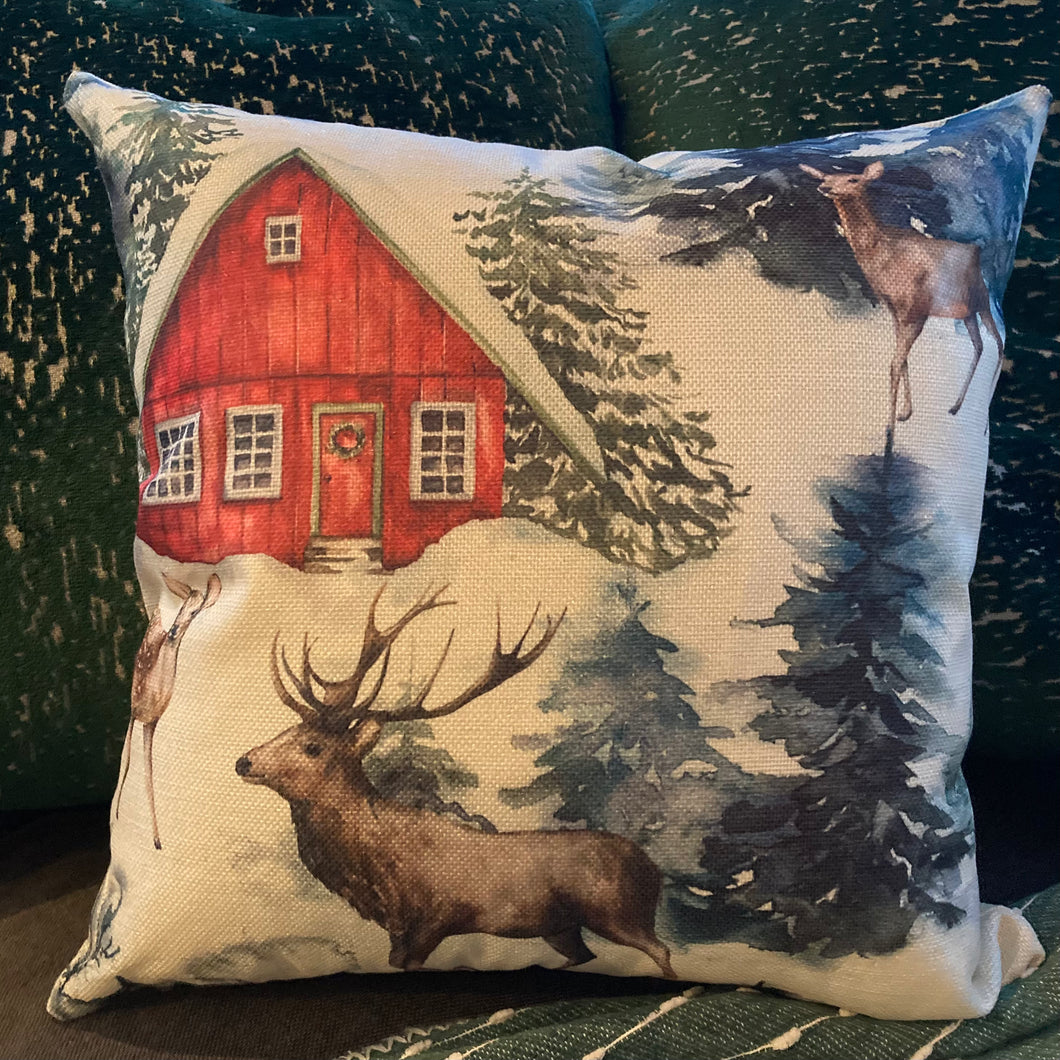 Reindeer Red Barn Pillow