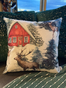 Reindeer Red Barn Pillow