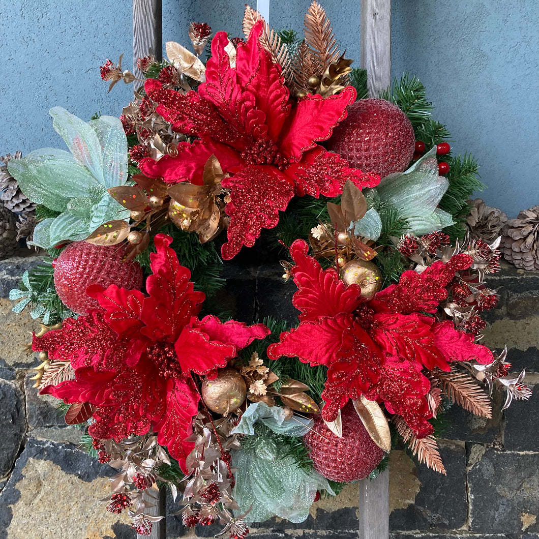 Red Mint Poinsettia Wreath