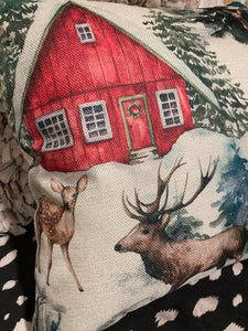 Reindeer Red Barn Pillow