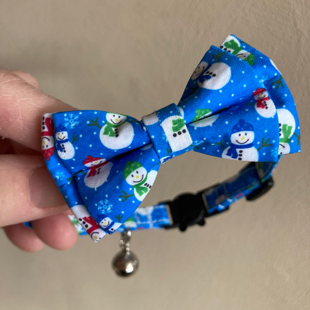 Blue Snowman Cat Collar Bow Tie