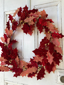 Red and Pink Glittered Leaf Wreath