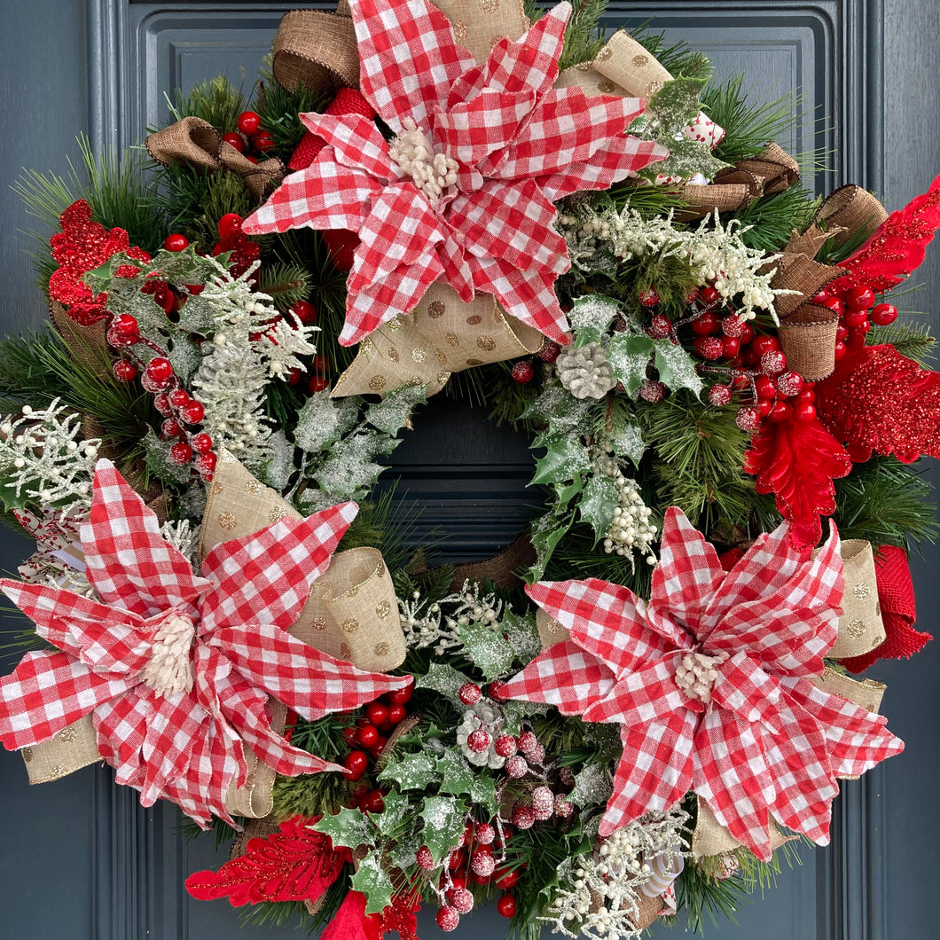 Red Check Poinsettia Wreath