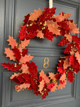 Load image into Gallery viewer, Red and Pink Glittered Leaf Wreath