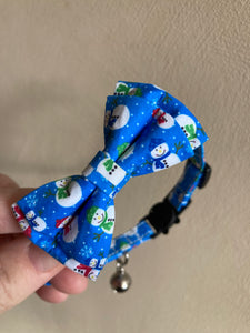 Blue Snowman Cat Collar Bow Tie