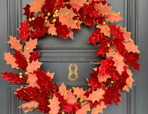 Red and Pink Glittered Leaf Wreath