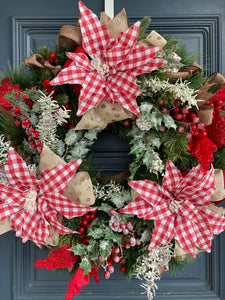 Red Check Poinsettia Wreath